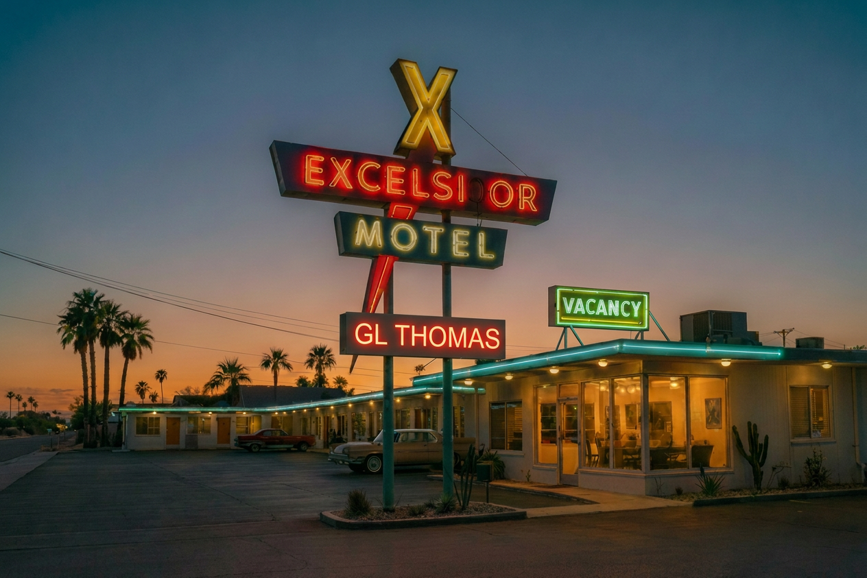 Excelsior Motel sign with GL Thomas above VACANCY Edit the existing image. Move the existing neon sign reading exactly "GL Thomas" so it appears directly above the existing "VACANCY" sign, with the two signs vertically stacked and aligned. Keep the exact existing colors of both signs unchanged, including their neon glow, brightness, and color treatment. Preserve the same typography, perspective, lighting, building, crop, and every other image element. Do not add any other text or recolor anything.