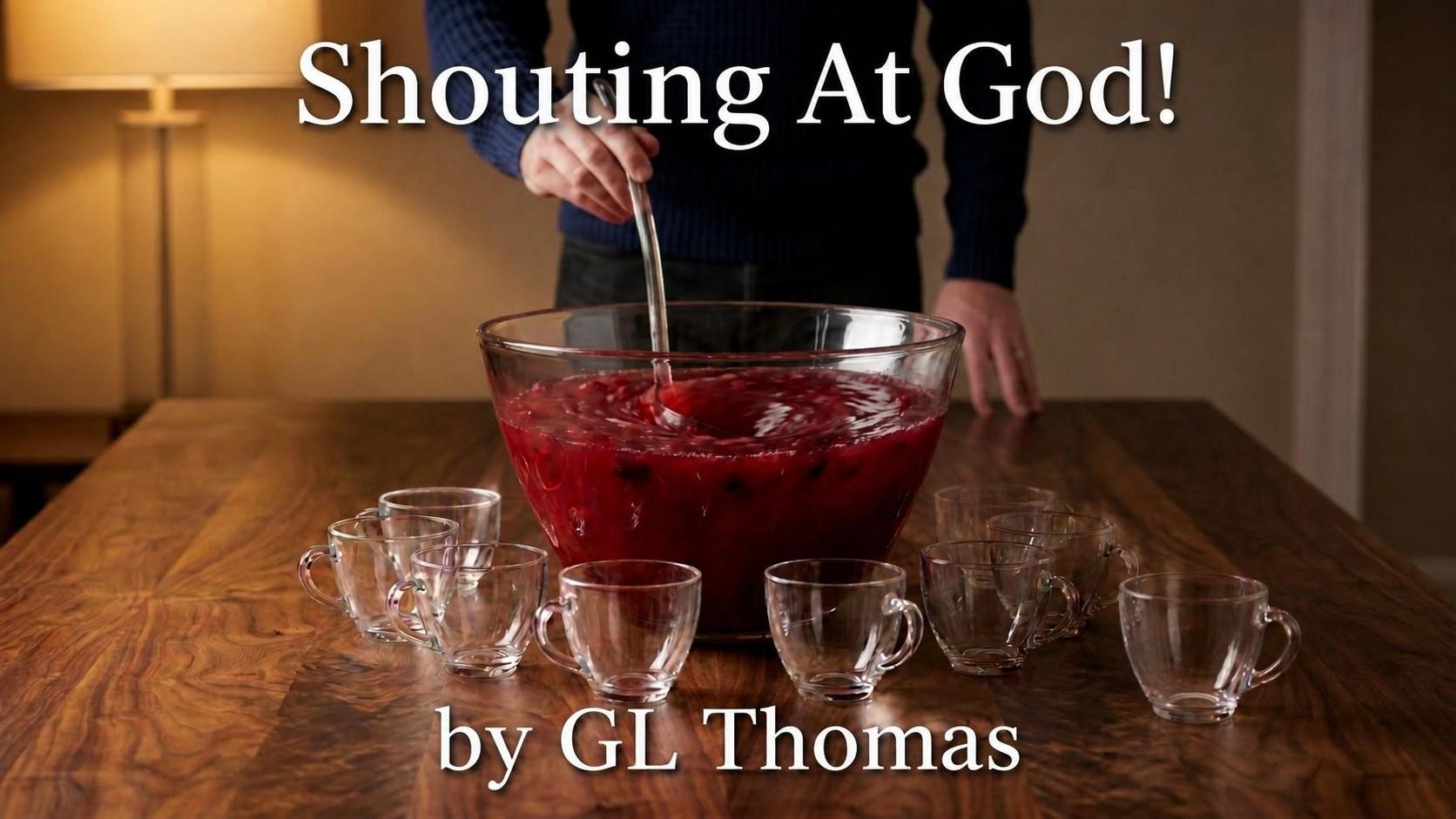 Vintage shouting at God book cover Edit the existing image while preserving the weathered dark leather-bound book, wooden table, lighting, texture, composition, and overall mood. Add the title text “Shouting At God!” in clear white letters across the top of the image. Add the text “by GL Thomas” in clear white letters across the bottom of the image. Keep both text lines fully inside the image, readable, balanced, and unobstructed. Do not add any other text or alter the book image.